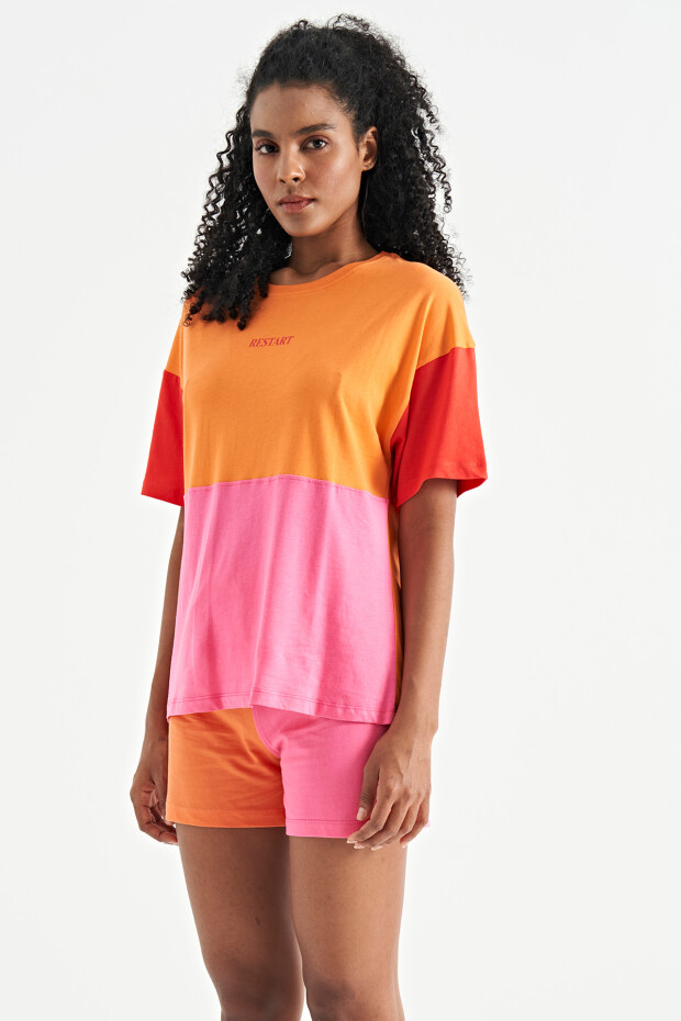 Oranj Çok Renkli O Yaka Oversize Kadın Basic T-Shirt - 02309