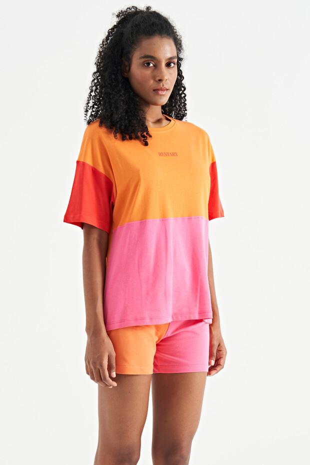 Oranj Çok Renkli O Yaka Oversize Kadın Basic T-Shirt - 02309