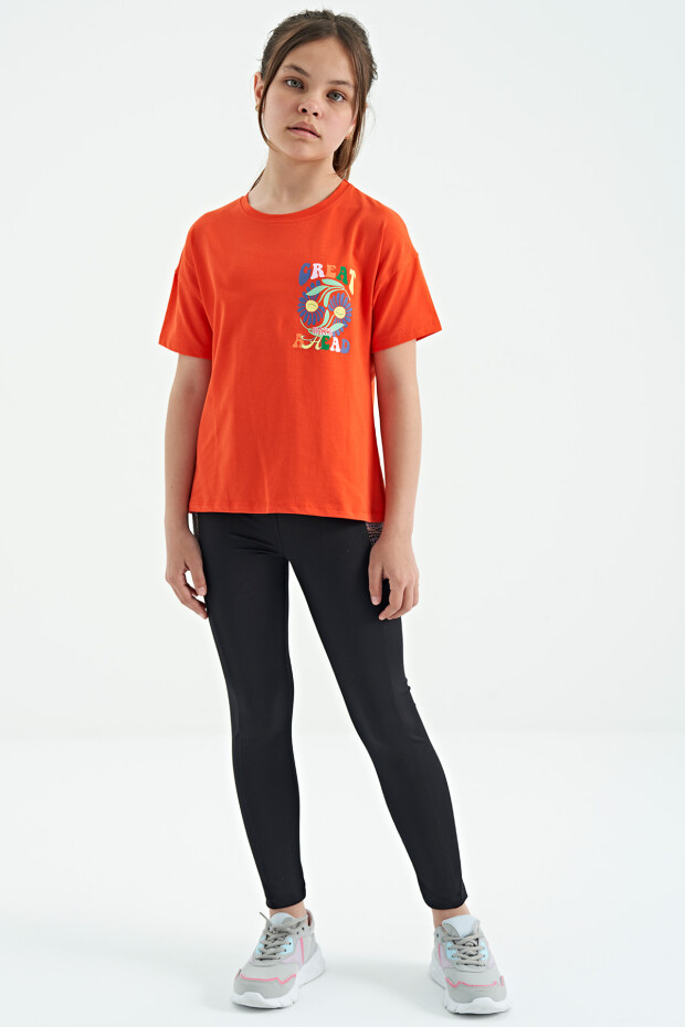 Oranj Ön Arka Çok Renkli Baskılı Oversize Kısa Kollu Kız Çocuk T-Shirt - 75117