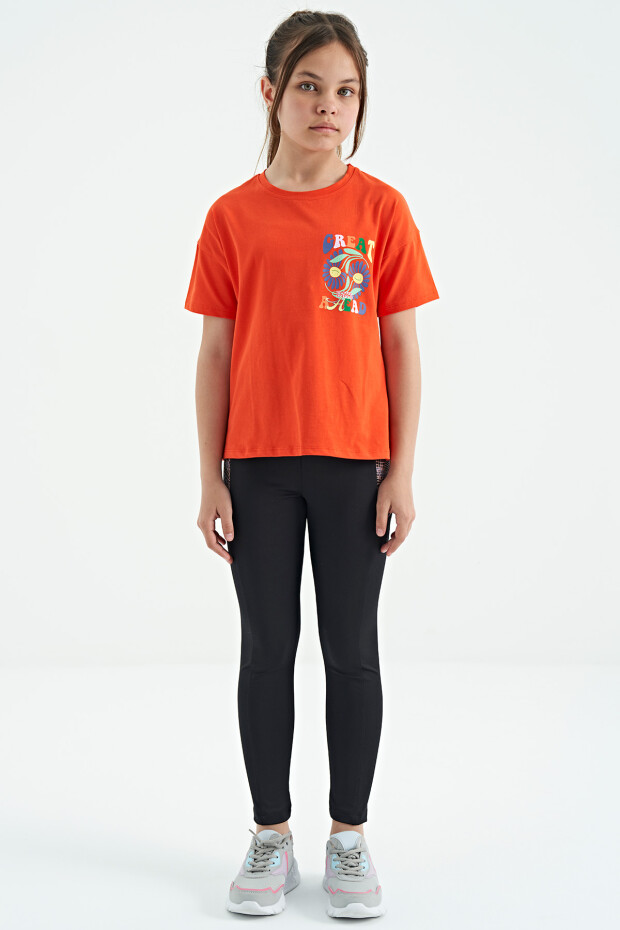 Oranj Ön Arka Çok Renkli Baskılı Oversize Kısa Kollu Kız Çocuk T-Shirt - 75117