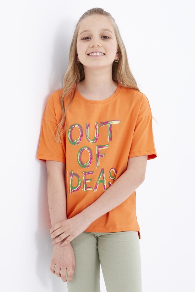 Oranj Oversize Yazı Baskılı O Yaka Düşük Omuz Kız Çocuk T-Shirt - 75028