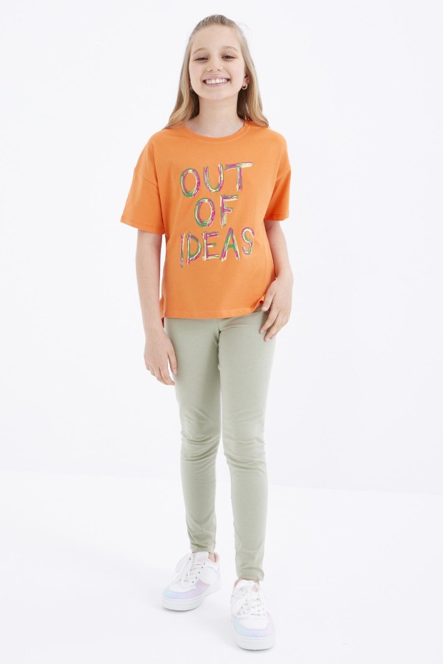 Oranj Oversize Yazı Baskılı O Yaka Düşük Omuz Kız Çocuk T-Shirt - 75028