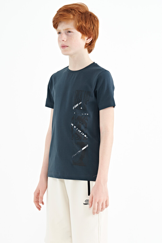 Orman Yeşili Baskı Detaylı O Yaka Standart Kalıp Erkek Çocuk T-Shirt - 11104