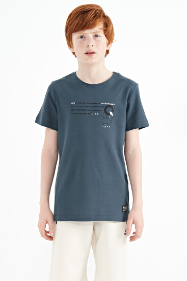 Orman Yeşili Baskı Detaylı O Yaka Standart Kalıp Erkek Çocuk T-Shirt - 11145 
