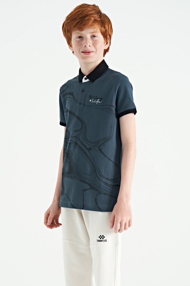 Orman Yeşili Baskı Detaylı Standart Kalıp Polo Yaka Erkek Çocuk T-Shirt - 11165