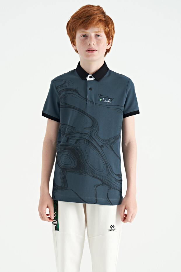 Orman Yeşili Baskı Detaylı Standart Kalıp Polo Yaka Erkek Çocuk T-Shirt - 11165