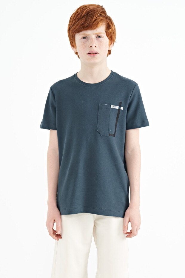 Orman Yeşili Cep Detaylı O Yaka Standart Kalıp Erkek Çocuk T-Shirt - 11120 - 1