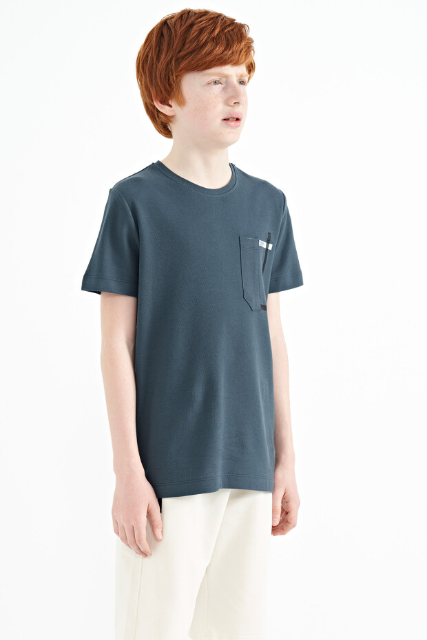 Orman Yeşili Cep Detaylı O Yaka Standart Kalıp Erkek Çocuk T-Shirt - 11120 - 6