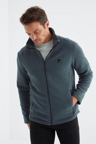 Orman Yeşili Fermuarlı Dik Yaka Standart Kalıp Erkek Polar Sweatshirt - 88134 