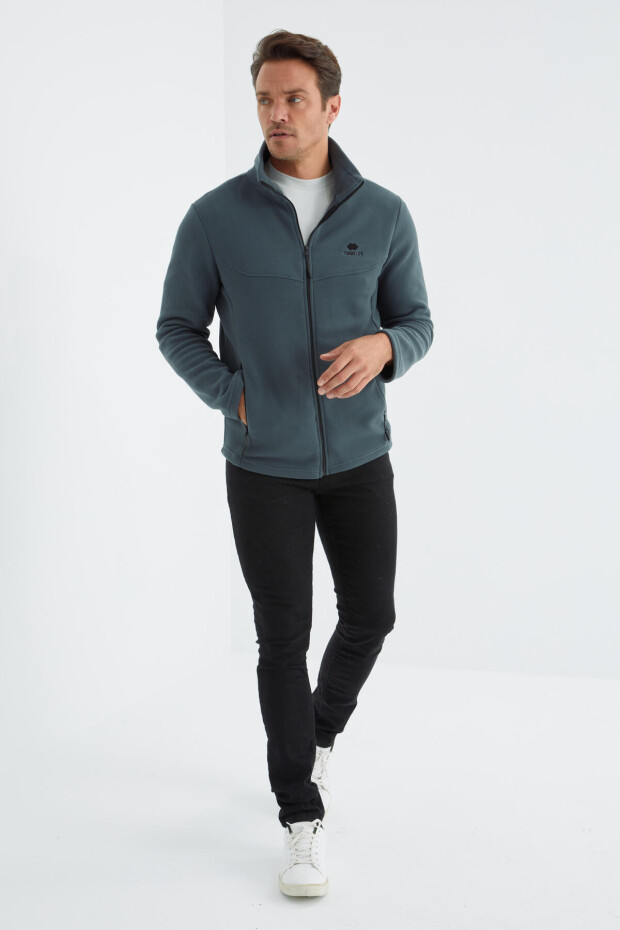 Orman Yeşili Fermuarlı Dik Yaka Standart Kalıp Erkek Polar Sweatshirt - 88134