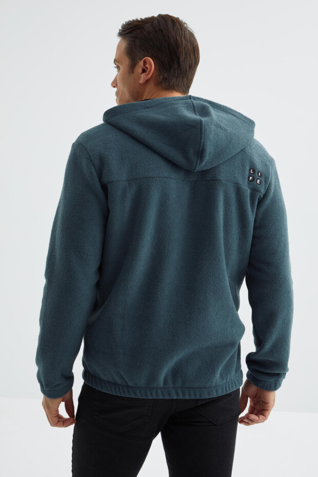 Orman Yeşili Fermuarlı Kapüşonlu Standart Kalıp Erkek Sweatshirt Havlu Polar - 88165