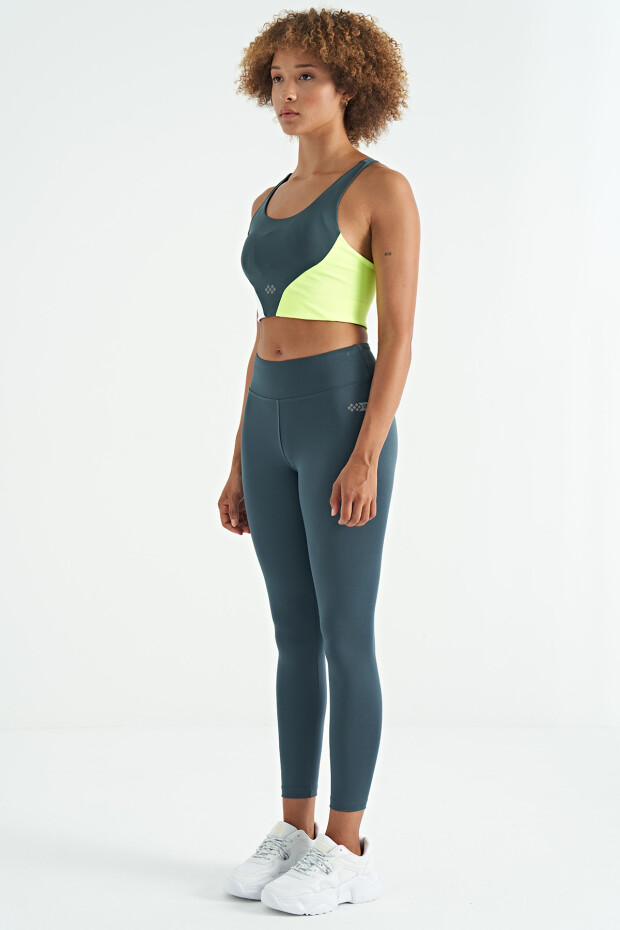 Orman Yeşili Logo Baskı Detaylı Yüksek Bel Dalgıç Kumaş Slim Fit Kadın Tayt - 94627 - 2