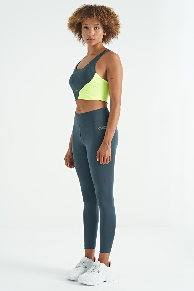 Orman Yeşili Logo Baskı Detaylı Yüksek Bel Dalgıç Kumaş Slim Fit Kadın Tayt - 94627 - 3