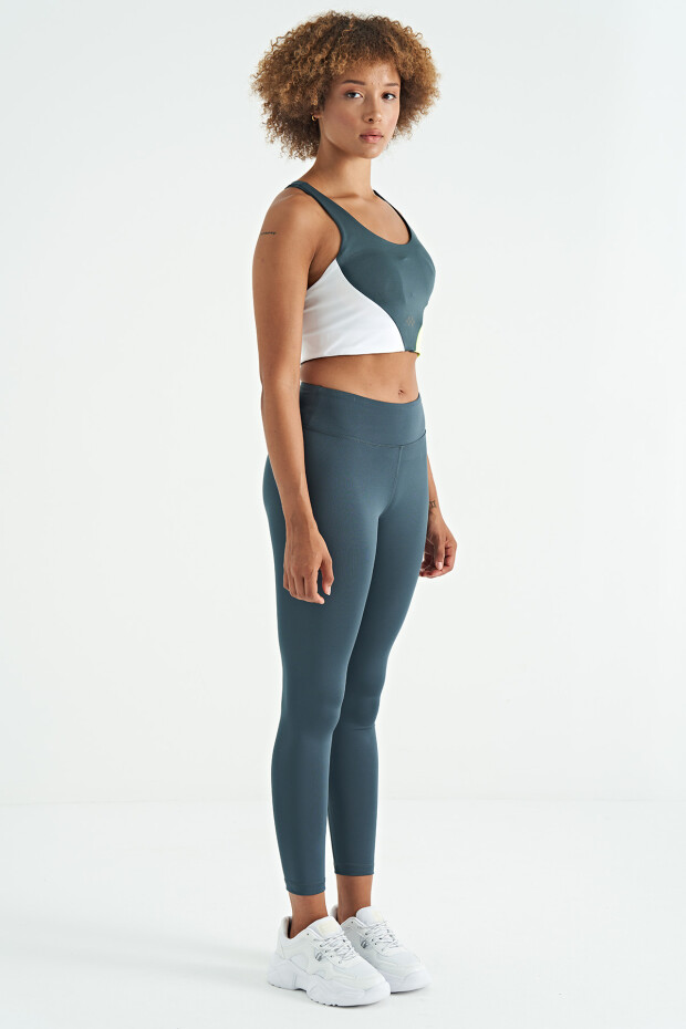 Orman Yeşili Logo Baskı Detaylı Yüksek Bel Dalgıç Kumaş Slim Fit Kadın Tayt - 94627 - 4