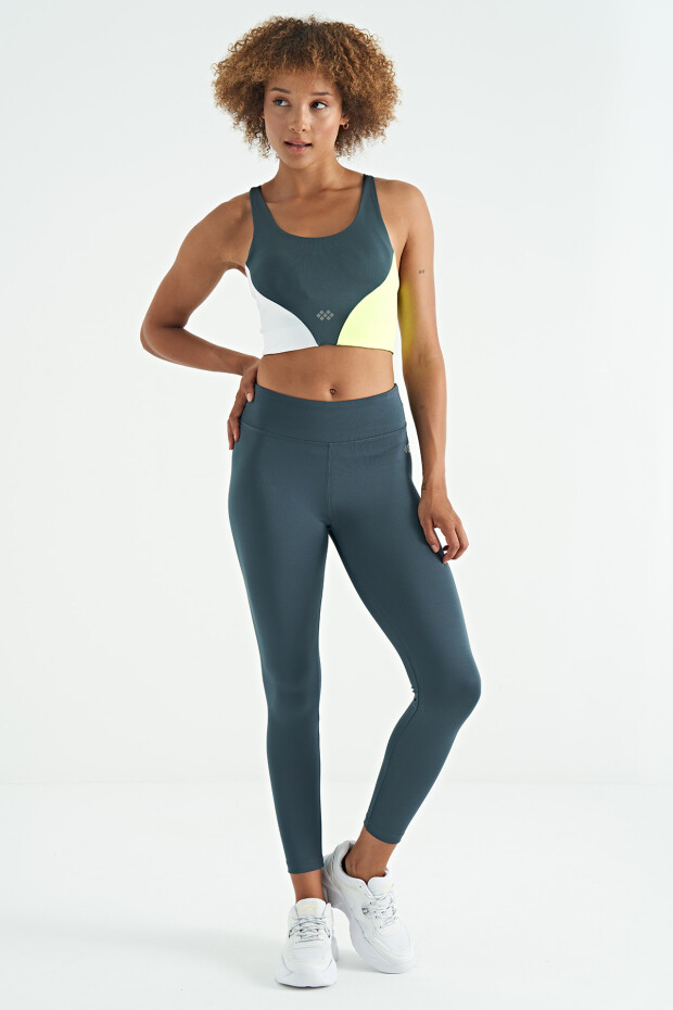 Orman Yeşili Logo Baskı Detaylı Yüksek Bel Dalgıç Kumaş Slim Fit Kadın Tayt - 94627 - 5