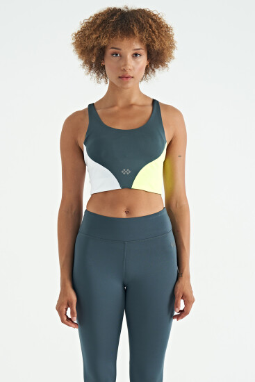 Orman Yeşili Logo Baskılı Renk Bloklu Sırt Çapraz Detaylı Dalgıç Kumaş Kadın Büstiyer - 97260 - TOMMYLIFE