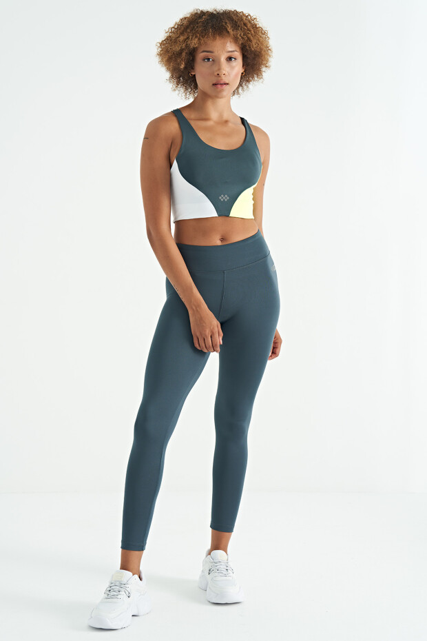 Orman Yeşili Logo Baskılı Renk Bloklu Sırt Çapraz Detaylı Dalgıç Kumaş Kadın Büstiyer - 97260 - 5