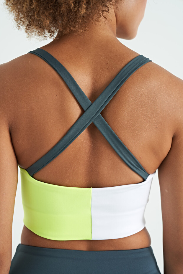 Orman Yeşili Logo Baskılı Renk Bloklu Sırt Çapraz Detaylı Dalgıç Kumaş Kadın Büstiyer - 97260 - 8