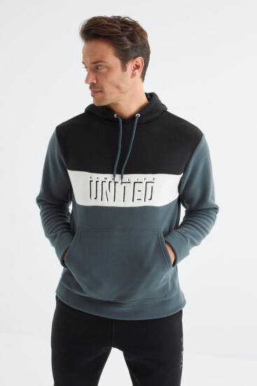 Orman Yeşili Nakış Detaylı Kapüşonlu Kanguru Cepli Erkek Polar Sweatshirt - 88155 