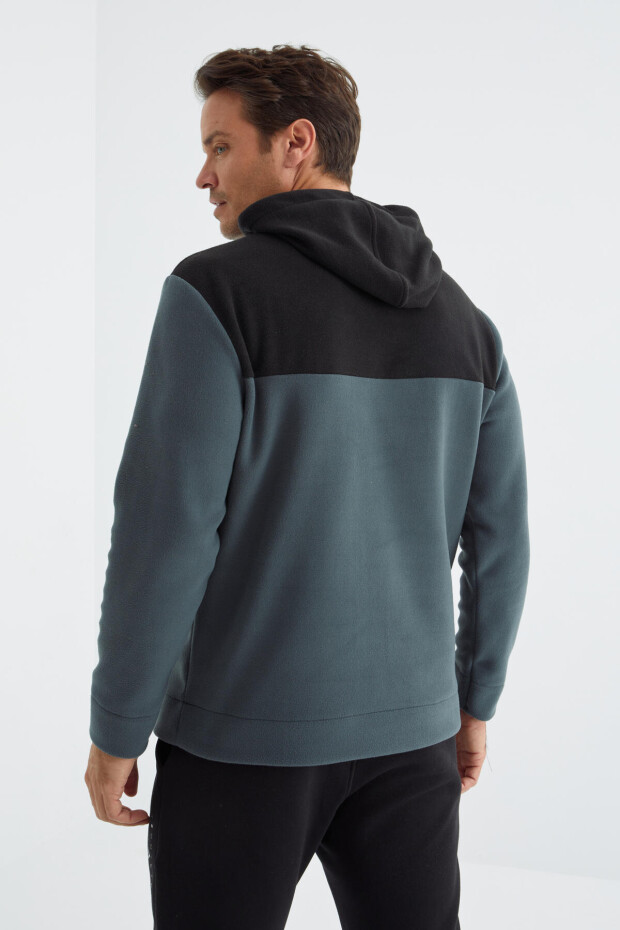 Orman Yeşili Nakış Detaylı Kapüşonlu Kanguru Cepli Erkek Polar Sweatshirt - 88155