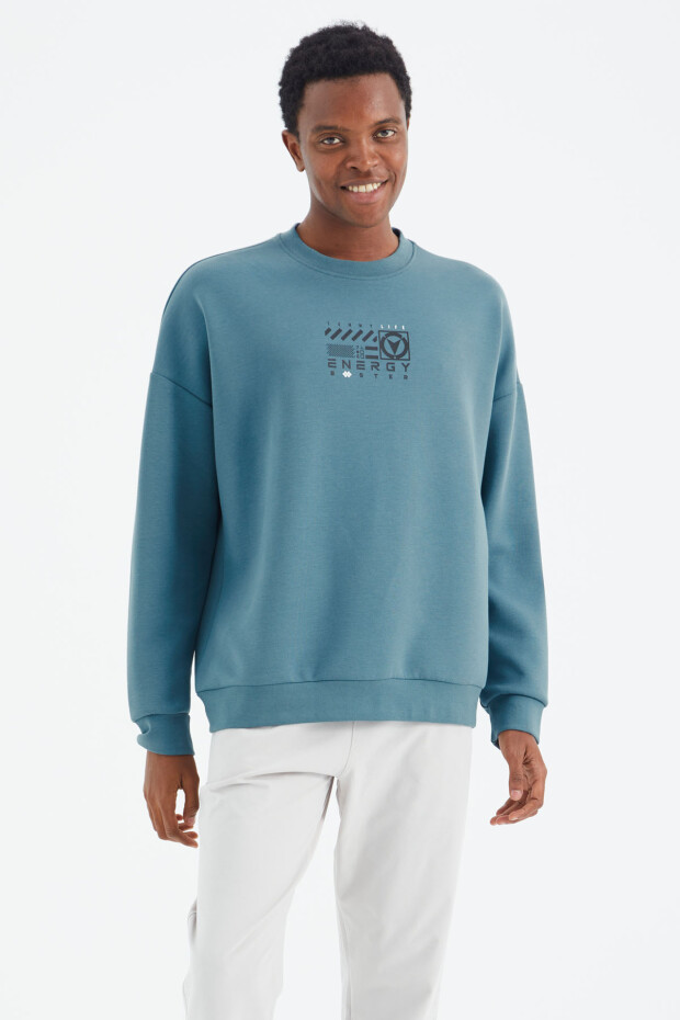 Orman Yeşili O Yaka Baskı Detaylı Rahat Kalıp Erkek Sweatshirt - 88284