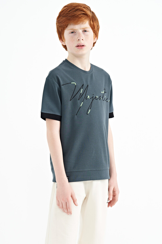Orman Yeşili Ön Yazı Nakışlı O Yaka Oversize Erkek Çocuk T-Shirt - 11147