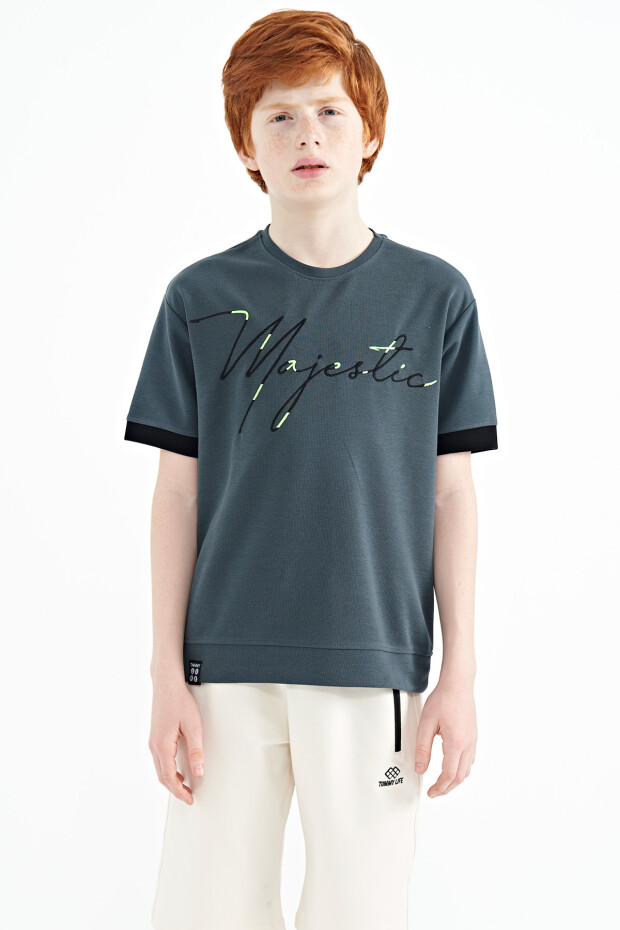 Orman Yeşili Ön Yazı Nakışlı O Yaka Oversize Erkek Çocuk T-Shirt - 11147