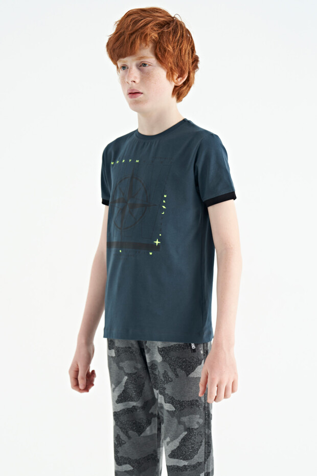Orman Yeşili Pusula Baskılı Standart Kalıp O Yaka Erkek Çocuk T-Shirt - 11106