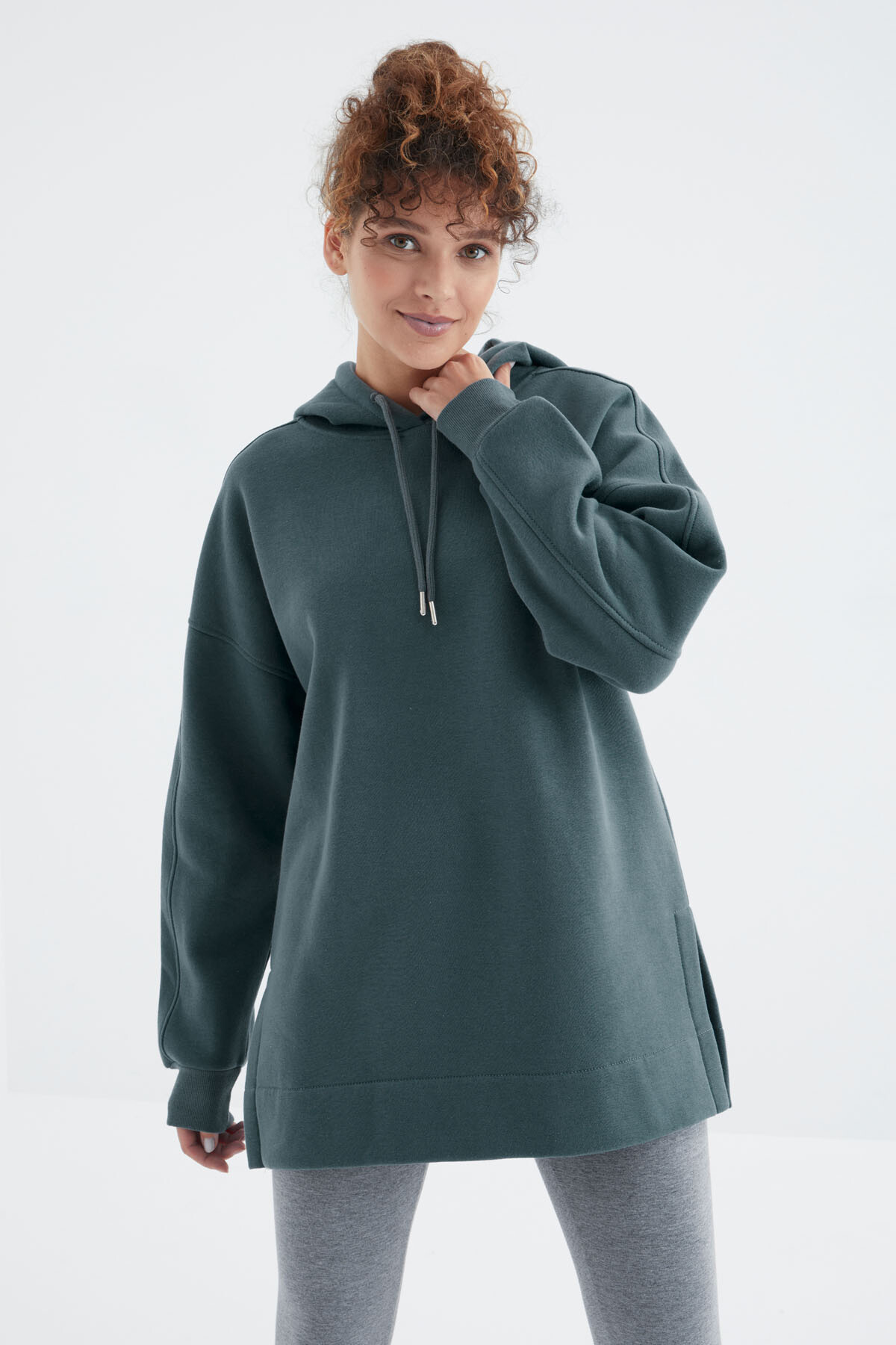 Orman Yeşili Reglan Kol Basic Kapüşonlu Oversize Sweatshirt Tunik - 97242 - TOMMYLIFE