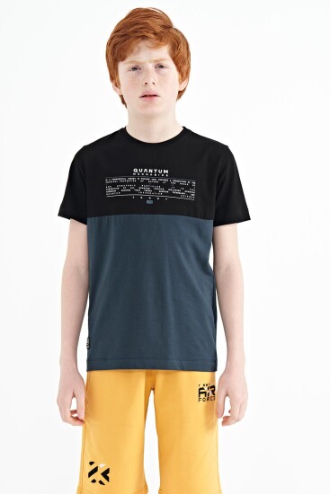 Orman Yeşili Yazı Baskılı Renk Bloklu Standart Kalıp O Yaka Erkek Çocuk T-Shirt - 11134 