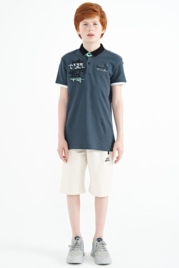 Orman Yeşili Yazı Nakış Detaylı Standart Kalıp Polo Yaka Erkek Çocuk T-Shirt - 11085