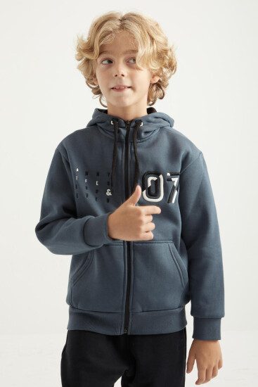 Orman Yeşili Yazı Nakışlı Kapüşonlu Standart Kalıp Fermuarlı Erkek Çocuk Sweatshirt - 11019 