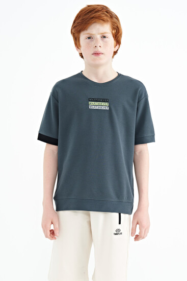 Orman Yeşili Yazı Nakışlı O Yaka Oversize Erkek Çocuk T-Shirt - 11146 