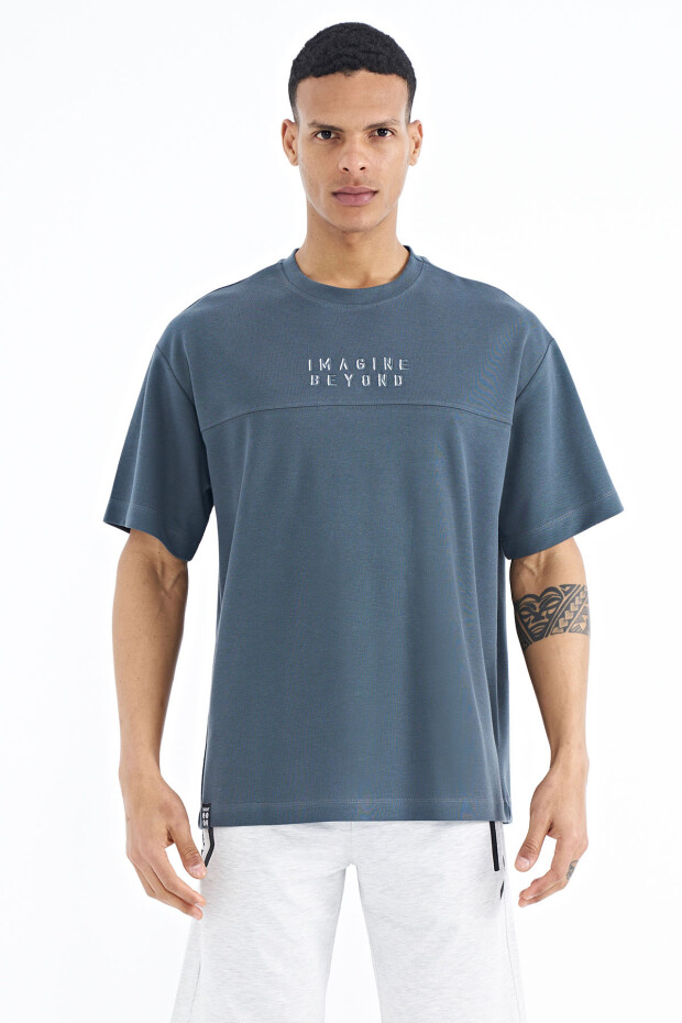 Orman Yeşili Yazı Nakışlı Oversize O Yaka Erkek T-Shirt - 88178
