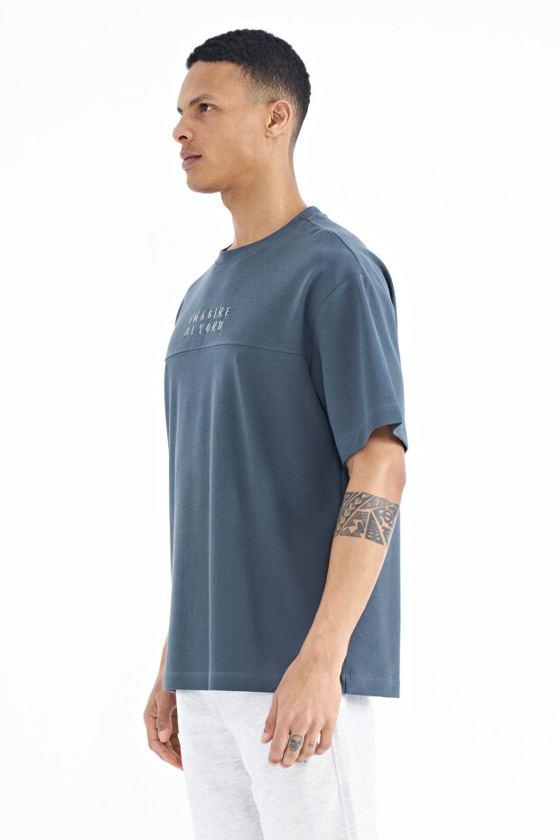 Orman Yeşili Yazı Nakışlı Oversize O Yaka Erkek T-Shirt - 88178