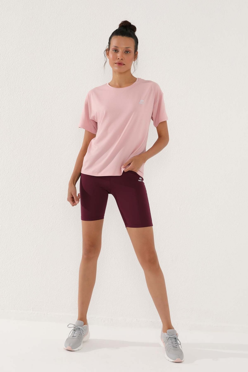 Pembe Arkası Uzun Kısa Kol Standart Kalıp O Yaka Kadın T-Shirt - 97152