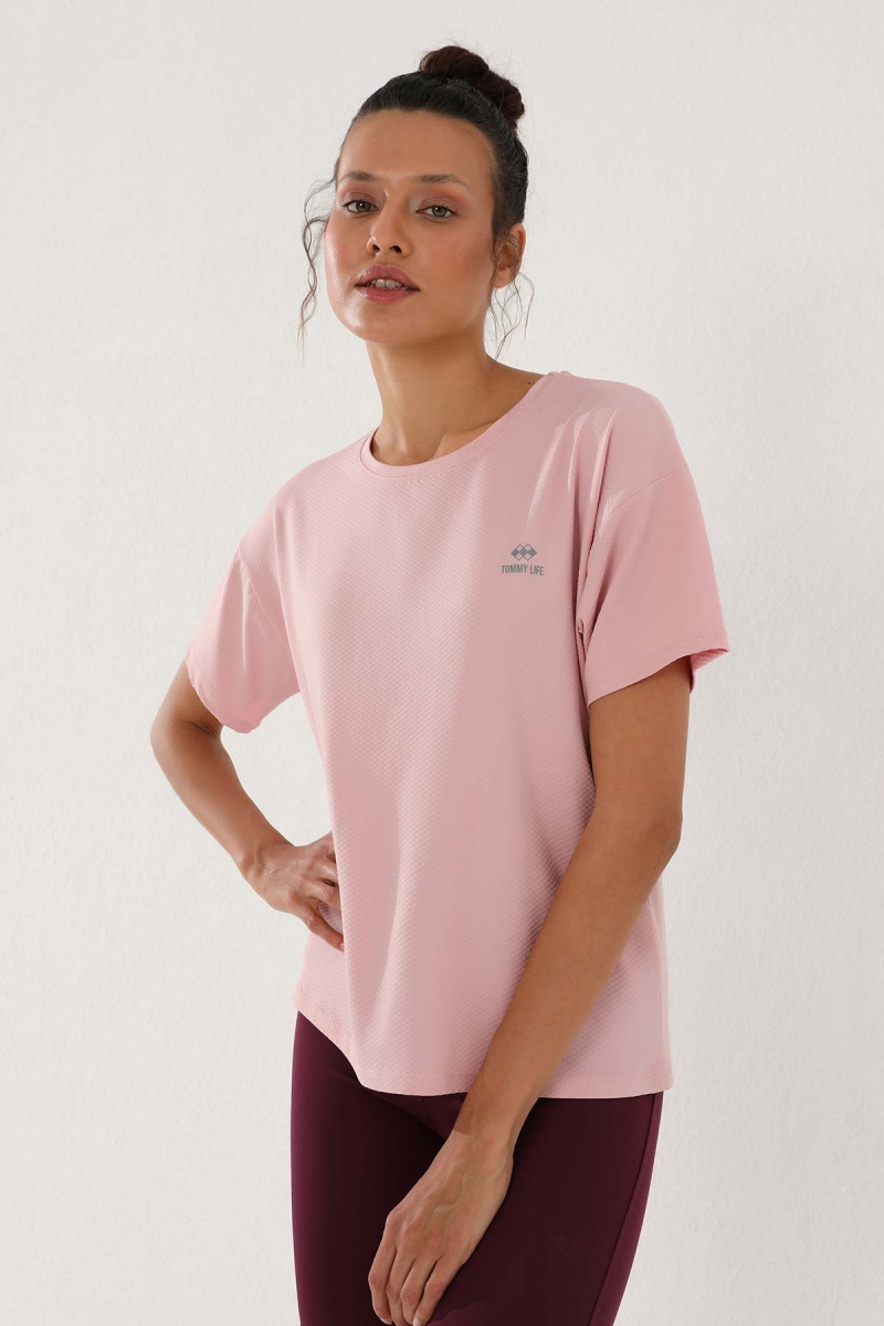 Pembe Arkası Uzun Kısa Kol Standart Kalıp O Yaka Kadın T-Shirt - 97152