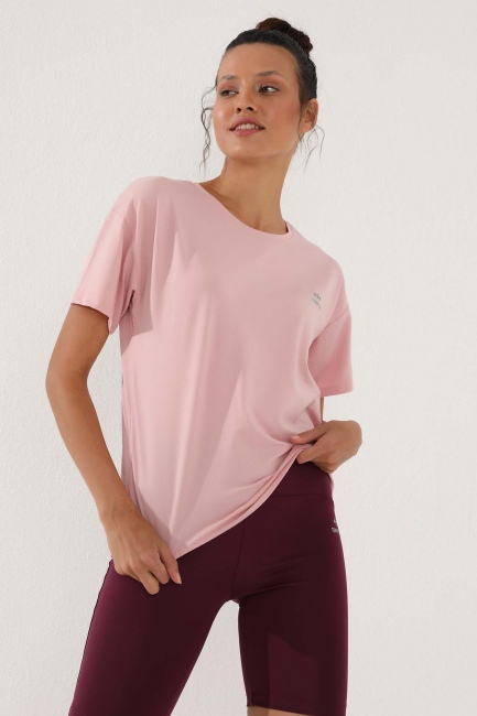 Pembe Arkası Uzun Kısa Kol Standart Kalıp O Yaka Kadın T-Shirt - 97152 - Thumbnail