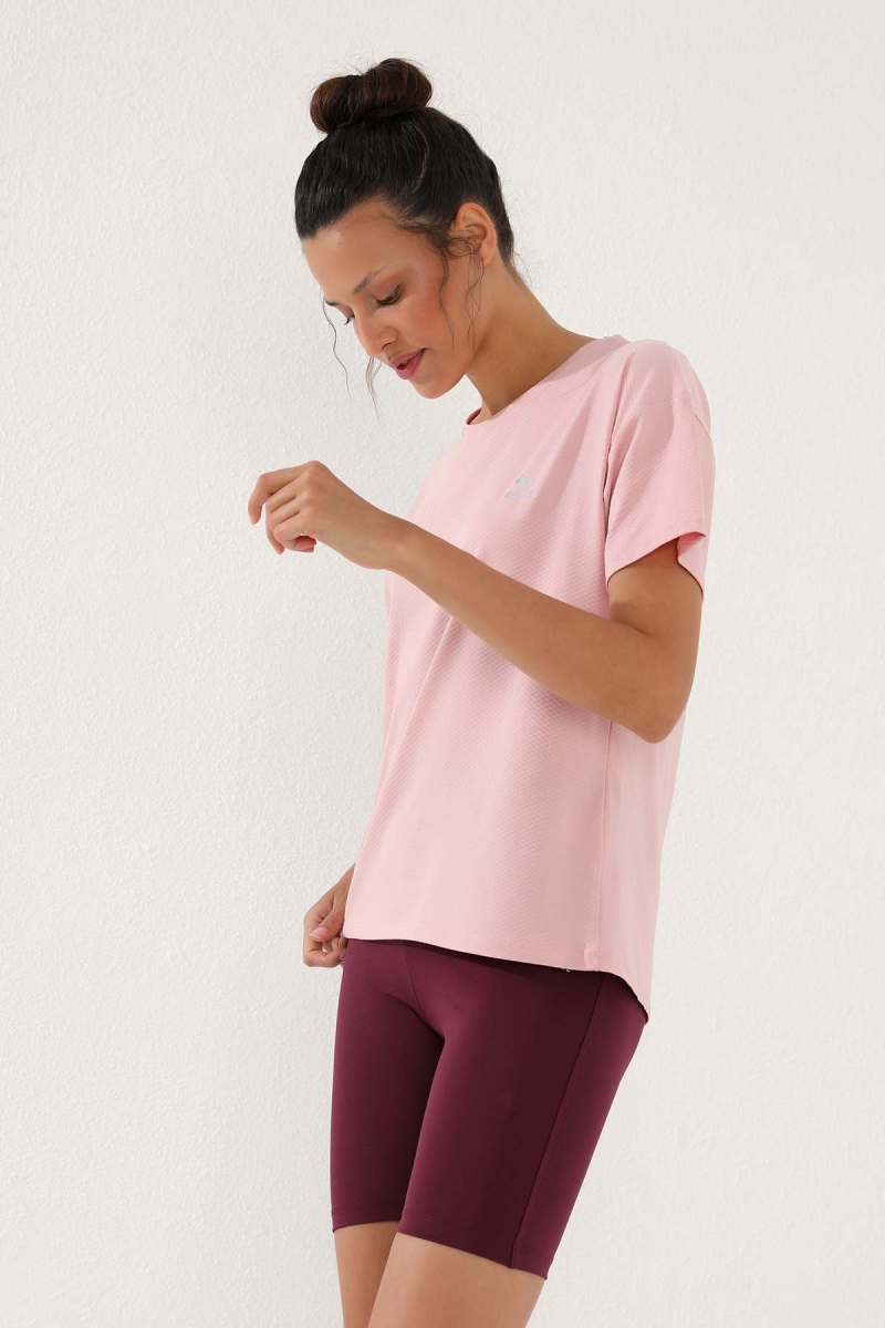Pembe Arkası Uzun Kısa Kol Standart Kalıp O Yaka Kadın T-Shirt - 97152