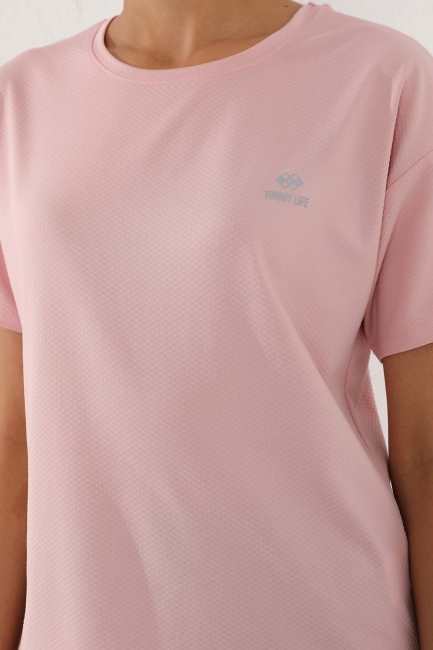 Pembe Arkası Uzun Kısa Kol Standart Kalıp O Yaka Kadın T-Shirt - 97152 - Thumbnail