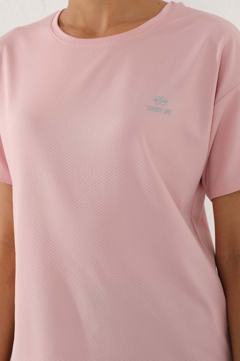 Pembe Arkası Uzun Kısa Kol Standart Kalıp O Yaka Kadın T-Shirt - 97152