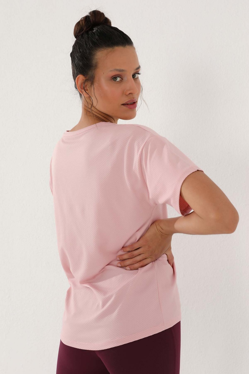 Pembe Arkası Uzun Kısa Kol Standart Kalıp O Yaka Kadın T-Shirt - 97152