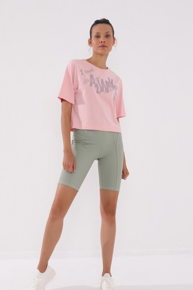 Pembe Asimetrik Yazı Baskılı O Yaka Kadın Oversize T-Shirt - 97136