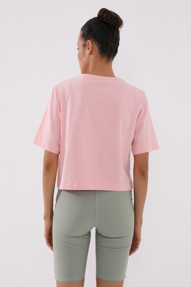 Pembe Asimetrik Yazı Baskılı O Yaka Kadın Oversize T-Shirt - 97136