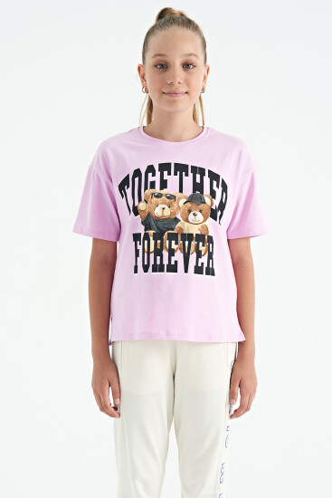 Pembe Ayıcık Baskılı O Yaka Oversize Kısa Kol Kız Çocuk T-Shirt - 75116 