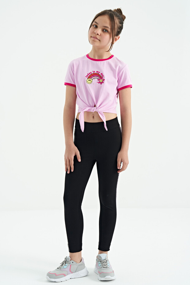 Pembe Baskı Detaylı O Yaka Çok Renkli Bağlama Detaylı Kız Çocuk T-Shirt - 75113