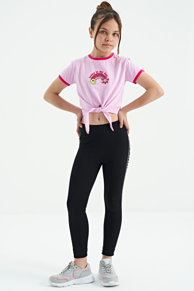 Pembe Baskı Detaylı O Yaka Çok Renkli Bağlama Detaylı Kız Çocuk T-Shirt - 75113