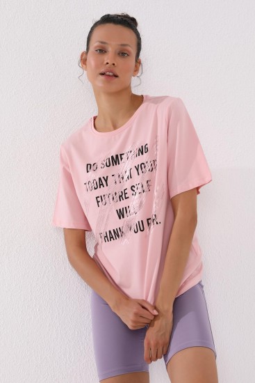 Pembe Deforme Yazı Baskılı O Yaka Kadın Oversize T-Shirt - 97133 - Thumbnail