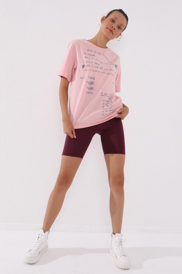 Pembe El Yazısı Baskılı O Yaka Kadın Oversize T-Shirt - 97137