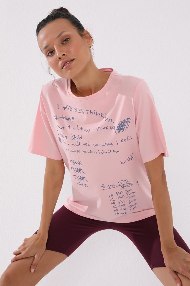 Pembe El Yazısı Baskılı O Yaka Kadın Oversize T-Shirt - 97137